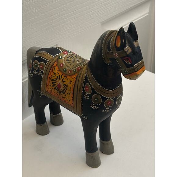 Vintage Painted Wooden Horse Statue India Folk Art Boho Decor - Picture 4 of 13